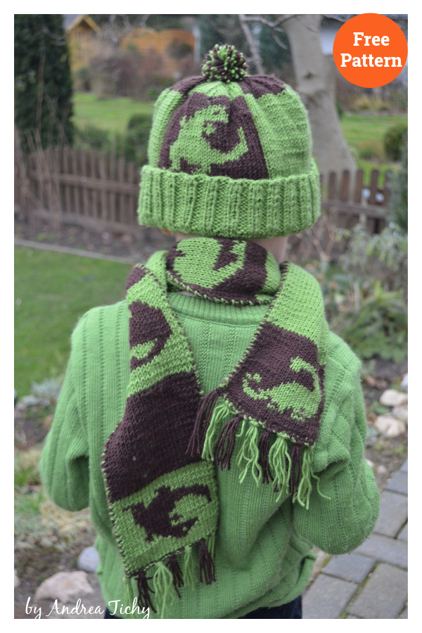 Dinosaur Hat and Gloves Winter Set Free Knitting Pattern