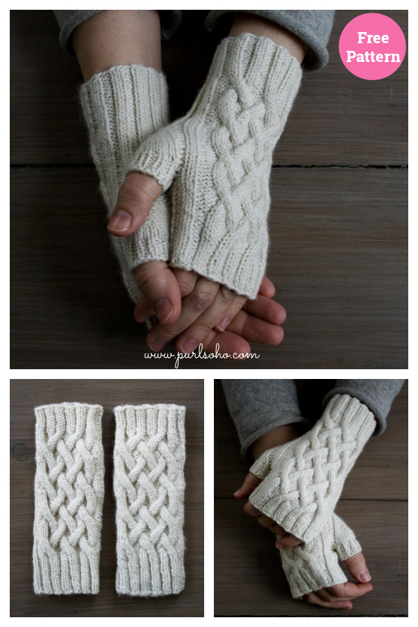 Traveling Cable Hand Warmers Celtic Cable Fingerless Gloves Free Knitting Pattern 
