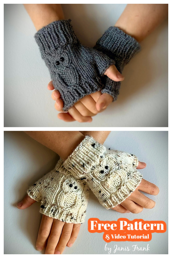 Owl Fingerless Gloves Free Knitting Pattern and Video Tutorial