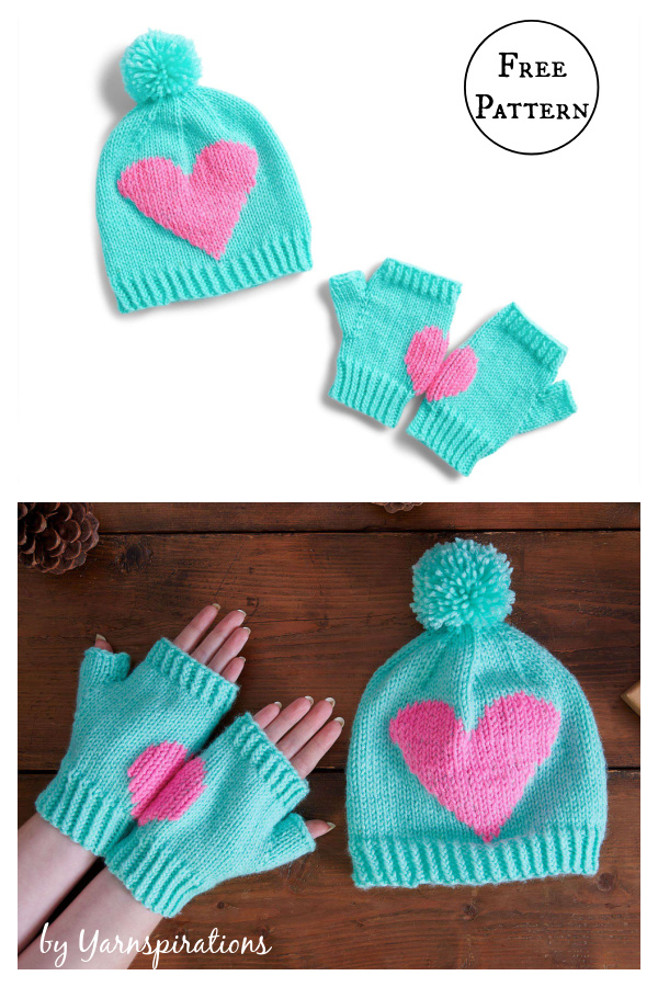 Broken Heart Hat and Fingerless Mittens Free Knitting Pattern