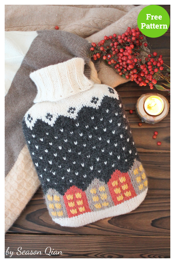 Snowfall Town Hot Water Bottle Cover Free Knitting Pattern