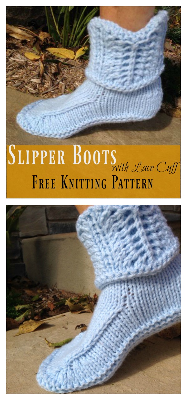 Slipper Boots with Lace Cuff Free Knitting Pattern