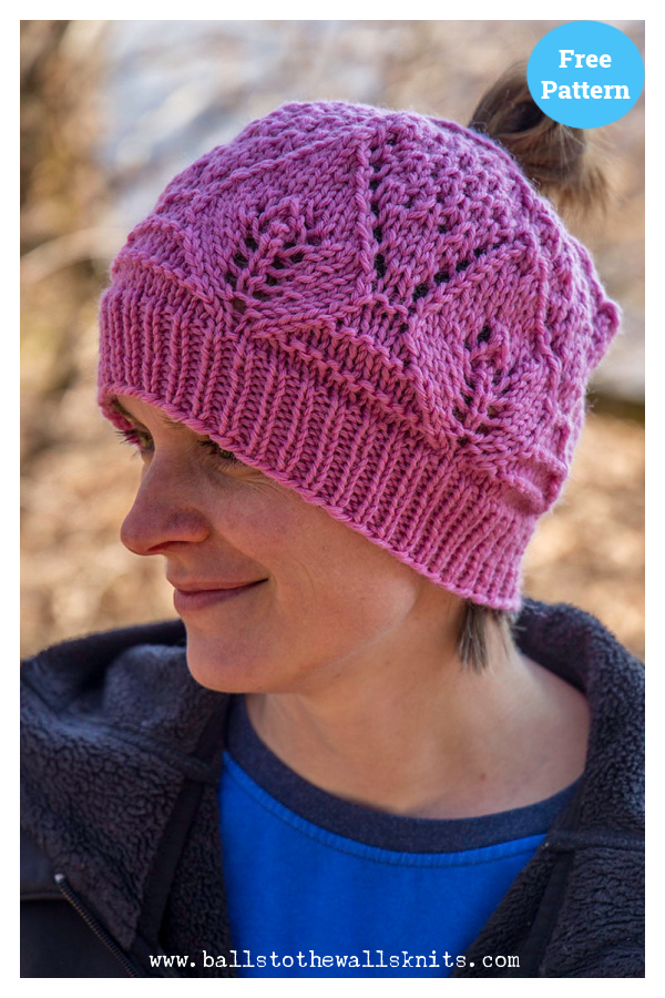 Lace leaf Stitch Pink Ponytail Hat Free Knitting Pattern