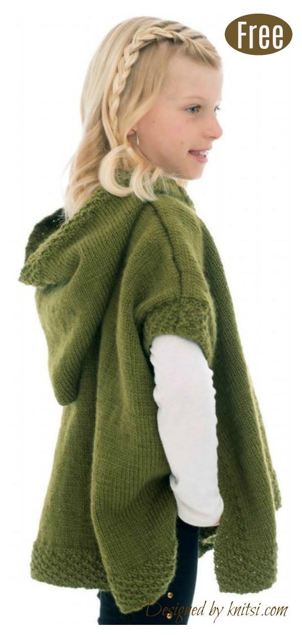 Girl Hooded Poncho Free Knitting Pattern