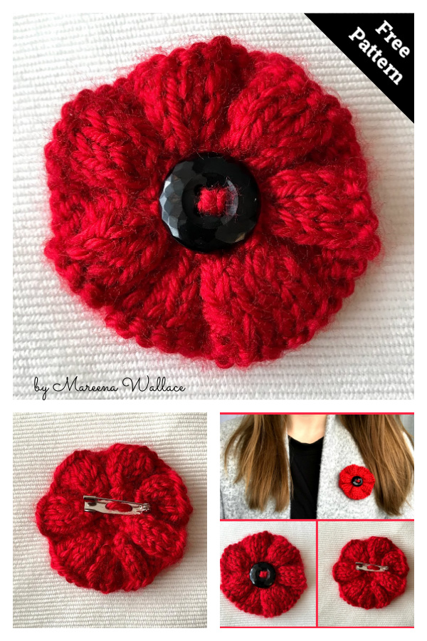 Ribbed Poppy Brooch Free Knitting Pattern 
