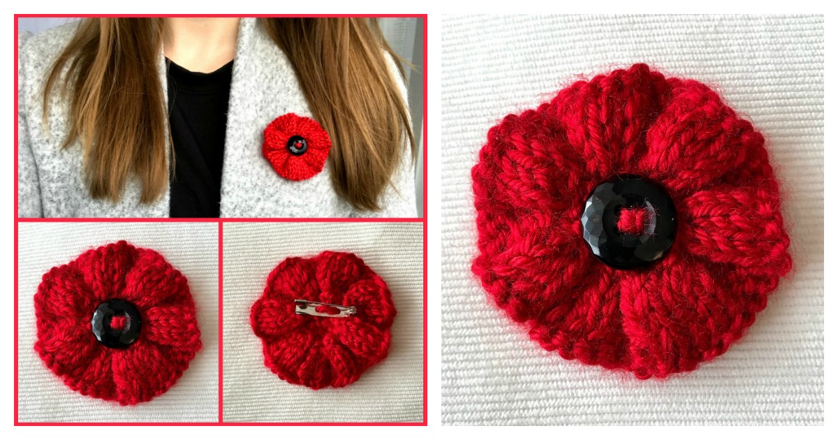 Ribbed Poppy Brooch Free Knitting Pattern