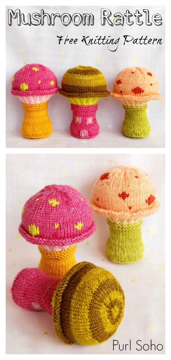 Mushroom Baby Rattle Soft Toy Free Knitting Pattern