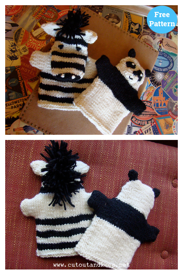 Panda and Zebra Hand Puppets Free Knitting Pattern