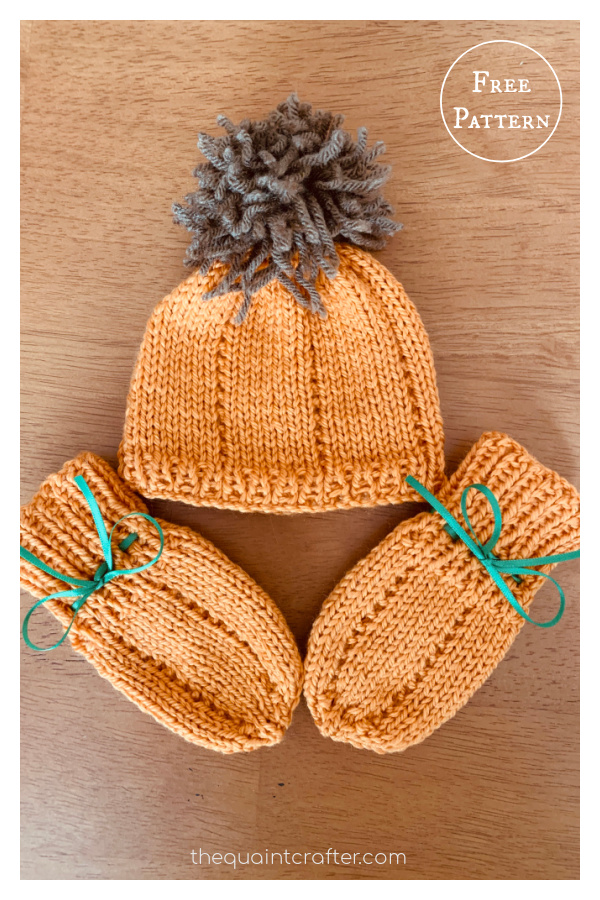 Baby Pumpkin Hat and Mitten Set Free Knitting Pattern