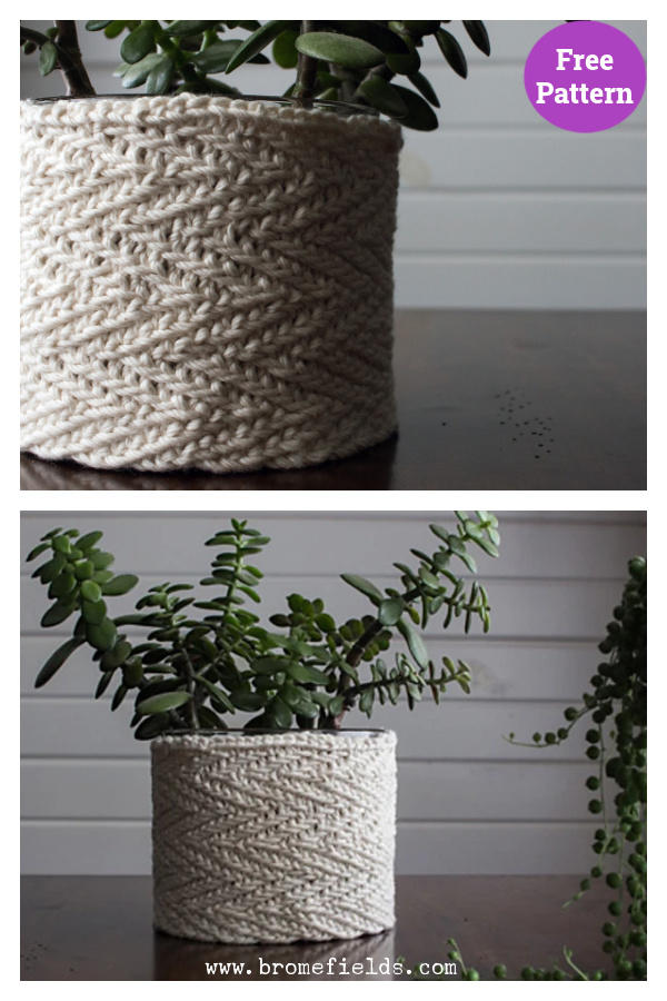 Herringbone Plant Pot Cozy Free Knitting Pattern