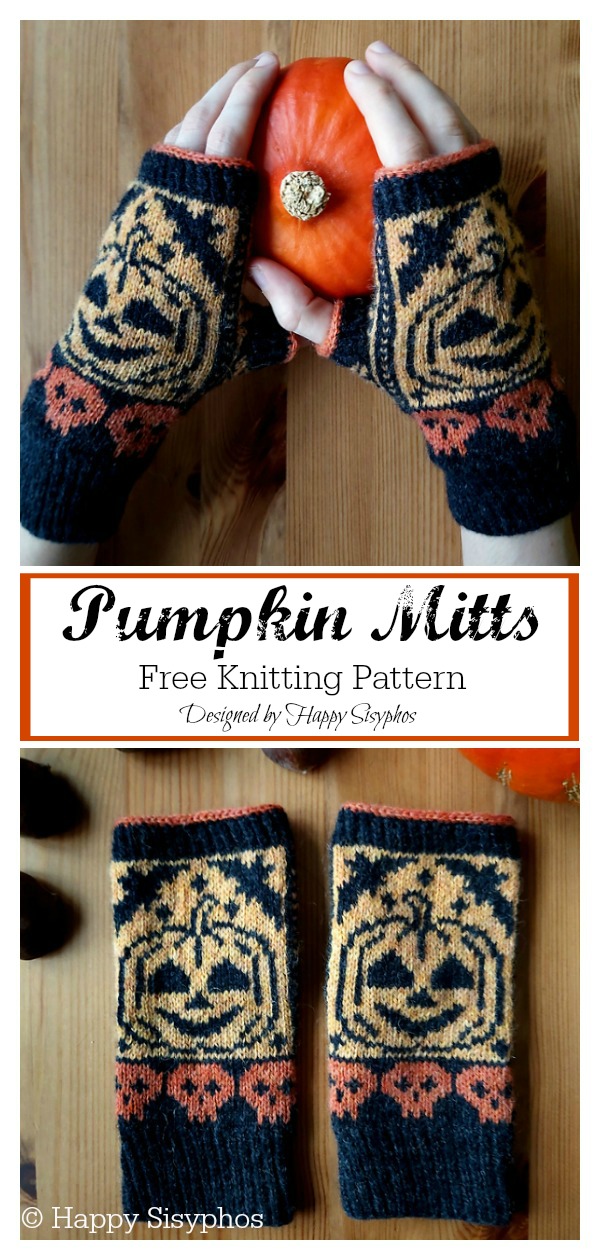 Halloween Pumpkin Fingerless Mitts Free Knitting Pattern 