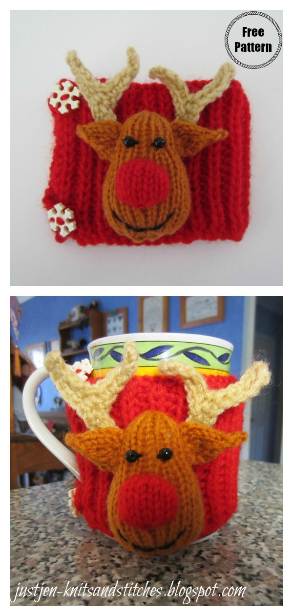 Reindeer Christmas Cup Cosy Free Knitting Pattern