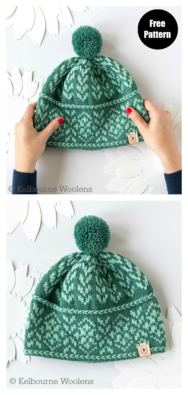Fair isle winter icelandic colorwork beanie pattern Handknit hat design Tree hat knitting pattern NB to adult sizes