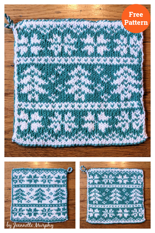 Christmas Tree in Snow Potholder Free Knitting Pattern