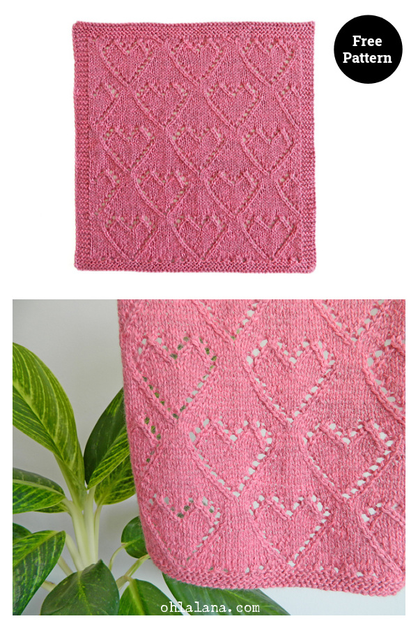 Lace Hearts Dishcloth or Blanket Blocks Free Knitting Pattern