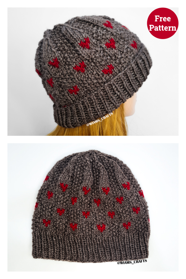 Hearts Checkered Hat Free Knitting Pattern