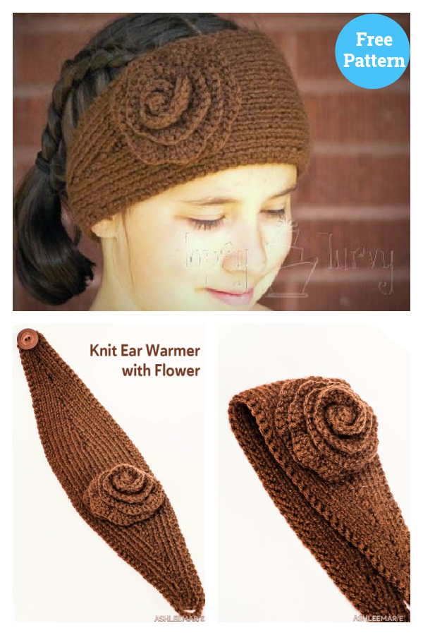 Easy Head Wrap with Flower Free Knitting Pattern 