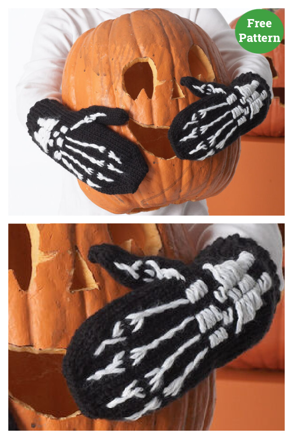 Halloween Skeleton Kids Mittens Free Knitting Pattern