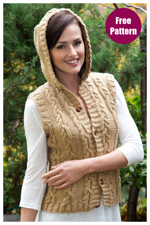 Hooded Cable Vest Free Knitting Pattern