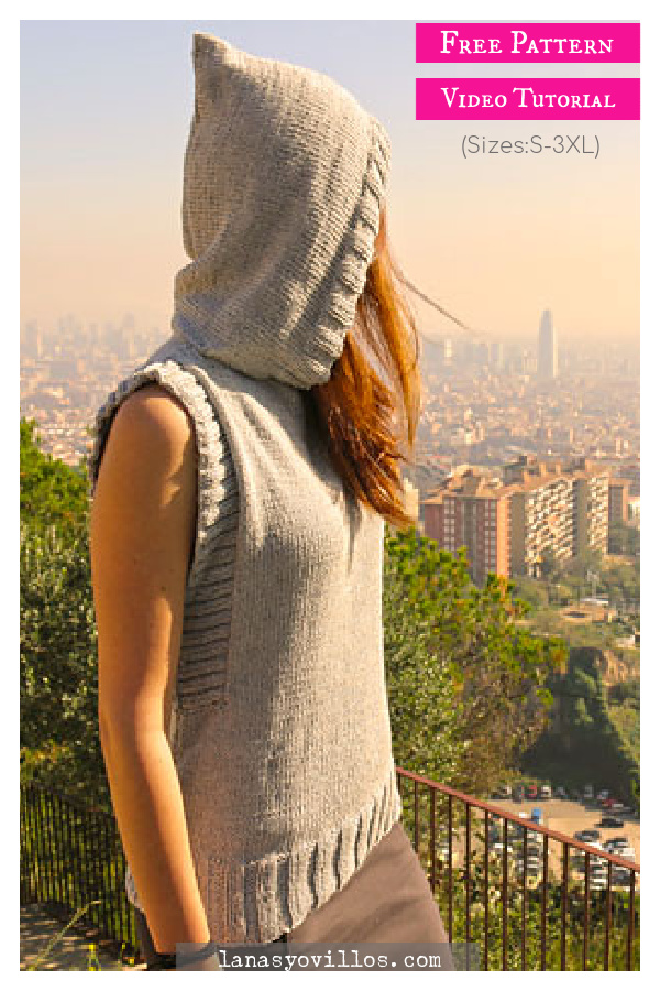 Hooded Vest Free Knitting Pattern and Video Tutorial