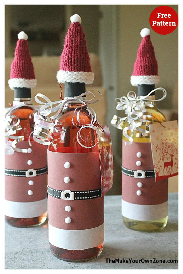 Wine Bottle Santas Hats Free Knitting Pattern