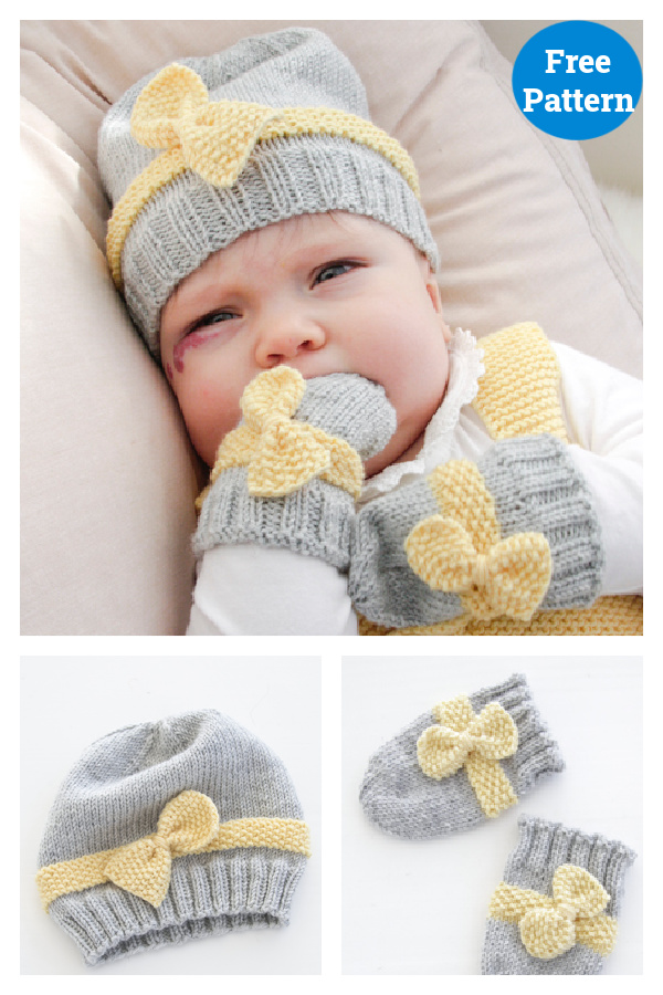 Little Miss Ribbons Hat and Mittens Set Free Knitting Pattern