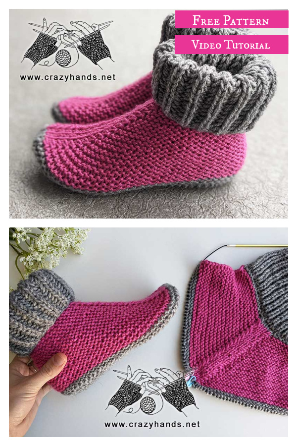 Slipper Socks with Folded Cuff Free Knitting Pattern and Video Tutorial