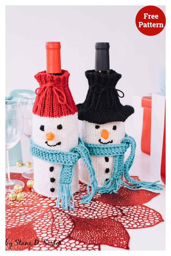 Wine-derful Time Snowman Bottle Cozies Free Knitting Pattern