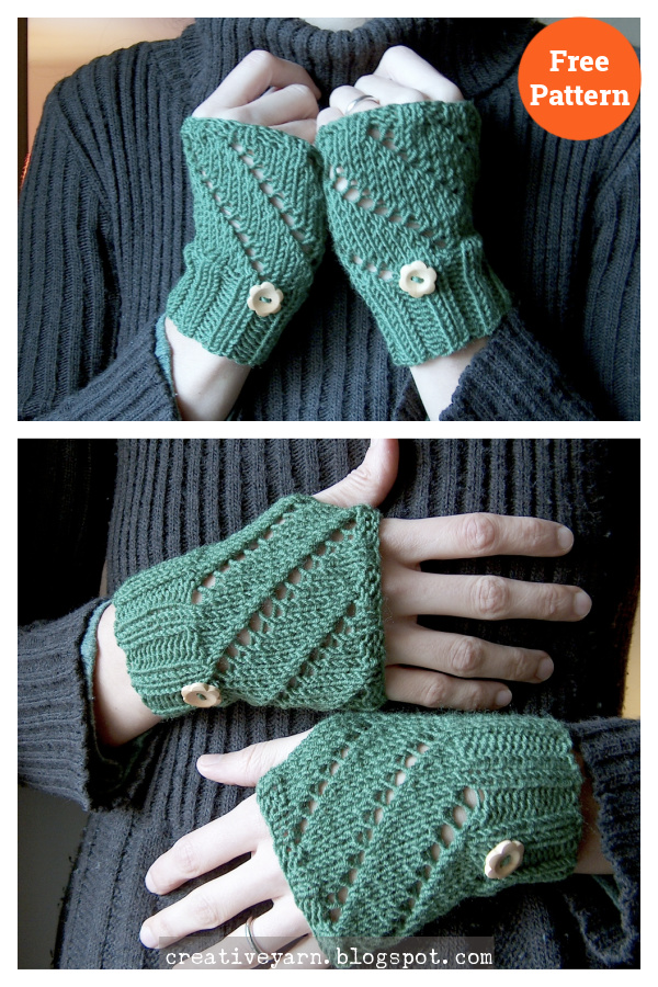 Diagonal Eyelet Hand Warmers Free Knitting Pattern