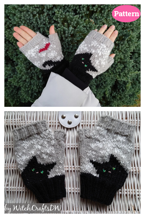 Cat & Snowflake Fingerless Gloves Knitting Pattern